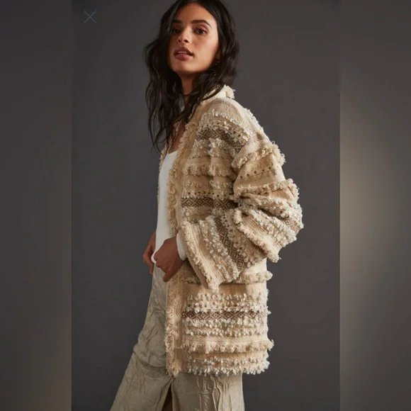 Anthropologie Dolan Cream Textured metallic fringed Jacket, sz L, - Picture 3 of 12